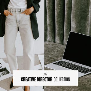 May include: A split-view image featuring a person wearing a black blazer, white t-shirt, and light-wash denim jeans on the left, and a silver laptop on a gray textured surface on the right. A white rectangular label displays the text the CREATIVE DIRECTOR COLLECTION.