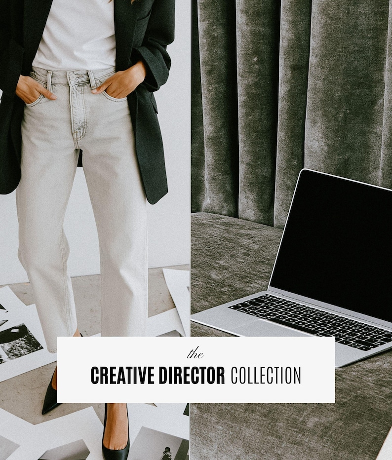 May include: A split-view image featuring a person wearing a black blazer, white t-shirt, and light-wash denim jeans on the left, and a silver laptop on a gray textured surface on the right. A white rectangular label displays the text the CREATIVE DIRECTOR COLLECTION.