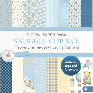 Snuggle Cub Sky, Baby Boy Scrapbooking Paper, Digital Papers, Baby Bear, Nursery-Themed Digital Scrapbooking Paper Pack, Instant Download