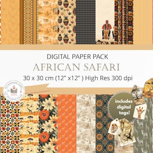 Carta digitale a tema safari africano, carta per scrapbooking digitale, delcards, delcardsnz, safari africano, elefanti, Africa, download immediato