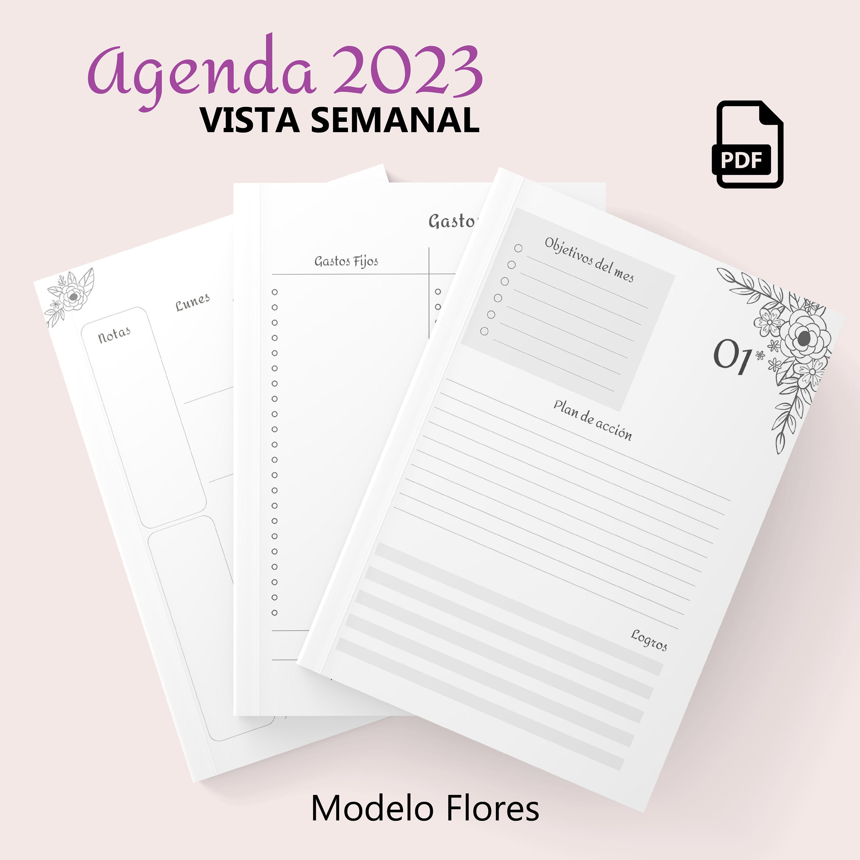 Agenda 2023 PDF Vertical Weekly View Flowers 2 With 