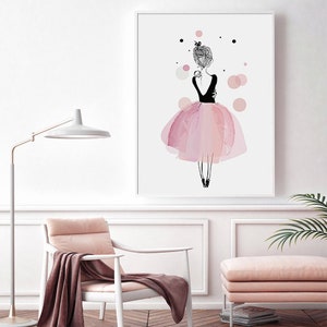May include: A watercolour illustration of a ballerina wearing a pink tutu and black top. The ballerina is standing on her toes and has her arms outstretched. The background is white with pink and black dots.