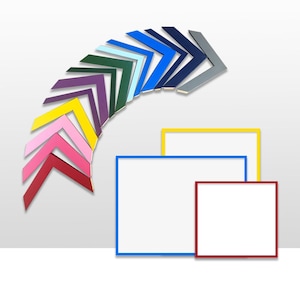 May include: A variety of colored picture frames arranged in a semi-circle. The frames are all the same size and shape, but they are different colors. There are three empty frames in the bottom right corner of the image. The frames are yellow, blue, and maroon.