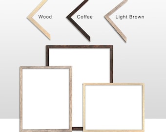 May include: Three picture frames in different wood tones: light brown, coffee, and wood. The frames are all empty and are arranged in a staggered formation.