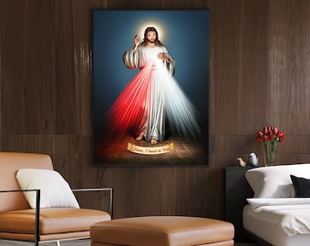 May include: A painting of Jesus Christ with a red and white light emanating from his chest. The painting is framed and hanging on a wall. The text "Jesus, I trust in You" is written on a banner at the bottom of the painting.