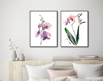 Wall Art - Orchid Watercolour Style - 2 Sets - Canvas Prints - Poster Prints