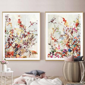 Floral wall art - Coming Spring 2 Sets - flowers wall art,red floral prints,living room wall art, bedroom wall art,hand painting style,gifts