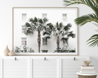 May include: A black and white photograph of three palm trees in front of a white building with windows. The image is framed in a light wood frame.