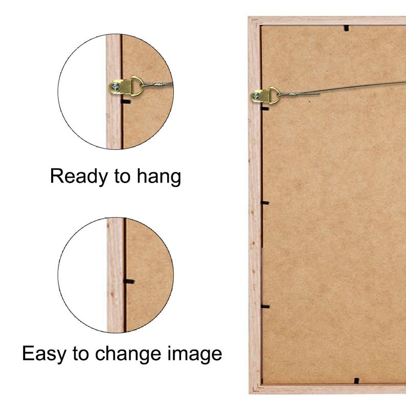 May include: A light brown wooden picture frame with a hanging wire attached. The image shows the back of the frame, with text reading "Ready to hang" and "Easy to change image".