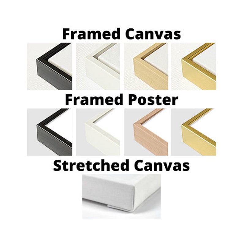 May include: A comparison of different framing options for artwork. The options include framed canvas, framed poster, and stretched canvas. Each option is shown in black, white, gold, and rose gold frames.