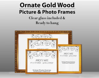 Gold Wooden Frame Timber Wood Picture Handmade Frames for Photo and Art -  A3 A2, 8x10", 8x12", 10x13", 11x14" & 12x18" Sizes, Ready to Hang