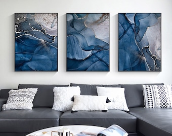 Abstract Wall Art Set, Blue Gold Marble, Set of 3 Prints, Blue Wall Art, Art Decor Print, Canvas Print Wall Art