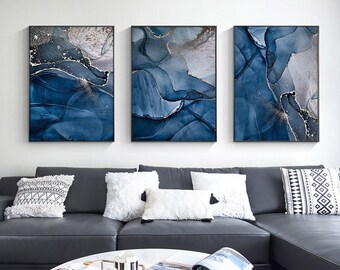 Abstract Wall Art, Abstract Blue Gold Marble 3 sets,home decor and gifts, living room wall art,bedroom wall art,personalized luxury prints