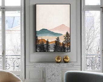 Framed Wall Art Decor, Boho Abstract Mountain, Mountain Wall Art, Canvas Print, Poster Print, Art Decor Print