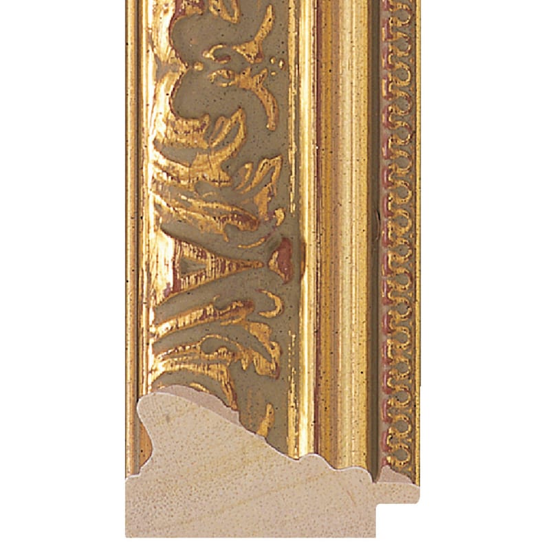 May include: A gold picture frame with a decorative, ornate design. The frame has a raised edge and a smooth, flat surface.