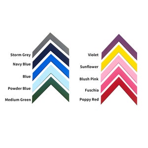 May include: A color chart showing 10 different colors in a chevron pattern. The colors are: Storm Grey, Navy Blue, Blue, Powder Blue, Medium Green, Violet, Sunflower, Blush Pink, Fuschia, and Poppy Red.