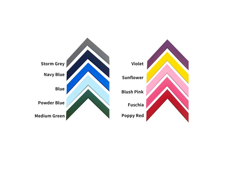 May include: A color chart showing 10 different colors in a chevron pattern. The colors are: Storm Grey, Navy Blue, Blue, Powder Blue, Medium Green, Violet, Sunflower, Blush Pink, Fuschia, and Poppy Red.