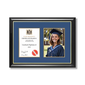 May include: A black frame with a gold mount and a blue background. The frame contains a diploma with the text "YOUR UNIVERSITY CERTIFICATE FRAMING" and a photo of a person wearing a graduation cap and gown. The diploma text also includes "Graduate Diploma of Arts" and the text "Sample Only".