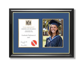 May include: A black frame with a gold mat and a blue background. The frame contains a diploma with the text "YOUR UNIVERSITY CERTIFICATE FRAMING" and a photo of a person wearing a graduation cap and gown. The diploma text also includes "Graduate Diploma of Arts" and the text "Sample Only".