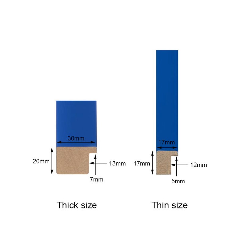 May include: Two blue picture frames with different widths. The thick frame is 30mm wide and 20mm tall. The thin frame is 17mm wide and 12mm tall. Both frames have a brown wood backing.