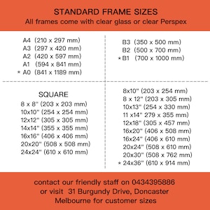May include: A chart detailing standard frame sizes in both metric (mm) and imperial (inches) measurements. Includes A-series, B-series, and square frame dimensions, such as 8x8 inches (203 x 203 mm) and 24x36 inches (610 x 914 mm).