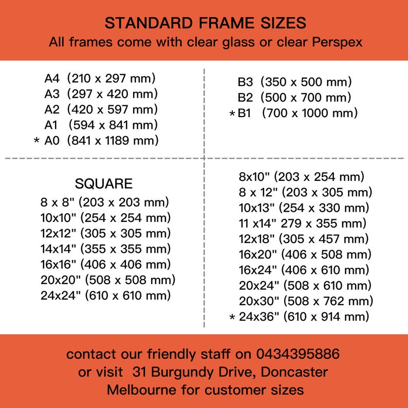 May include: A chart detailing standard frame sizes in both metric (mm) and imperial (inches) measurements. Includes A-series, B-series, and square frame dimensions, such as 8x8 inches (203 x 203 mm) and 24x36 inches (610 x 914 mm).
