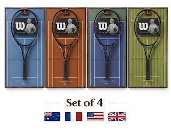 May include: A set of four framed wall displays, each featuring a black Wilson Pro Staff tennis racket mounted over a tennis court graphic. The backgrounds are blue, orange, dark blue, and green. Text includes Set of 4 and four national flags.