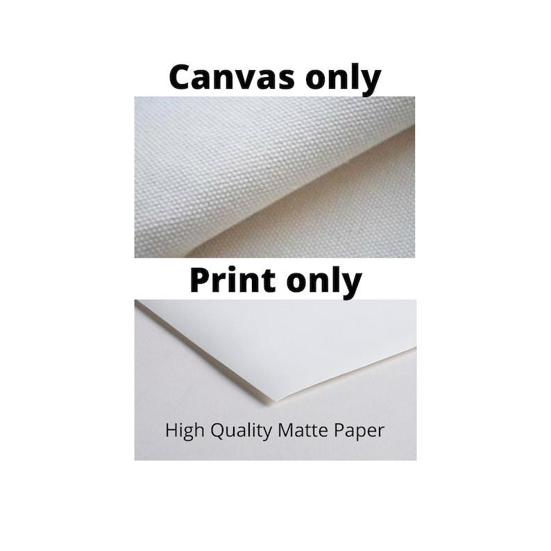 May include: Close-up of two white surfaces, one with a textured canvas finish and the other a smooth matte paper finish. The text "Canvas only" is above the canvas and "Print only" is above the paper. The text "High Quality Matte Paper" is below the paper.