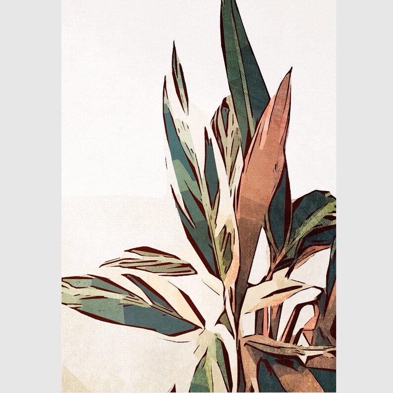 May include: A stylized illustration of a tropical plant with green and brown leaves and a single red flower.