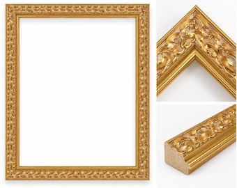 May include: A rectangular gold picture frame featuring an ornate, repeating relief pattern along the border. The frame is shown as a complete unit, a corner detail, and a side profile view, highlighting the metallic finish and textured molding.