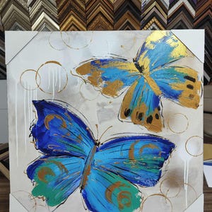 Dipinto originale di farfalla blu oro su tela strutturata e pronta da appendere, dipinto da parete, arte originale di farfalla blu, camera da letto di lusso, soggiorno