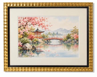 May include: A framed watercolor painting depicting a serene landscape with a red pagoda, a matching arched bridge over a calm pond, and blooming pink cherry blossom trees. The artwork is encased in a textured gold frame with a black inner border.