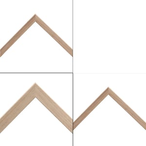 May include: Four sections of a light brown wooden picture frame corner, arranged in a square against a white background. The corners are joined at a 90-degree angle, showcasing the frame's construction and design. The wood grain is visible.