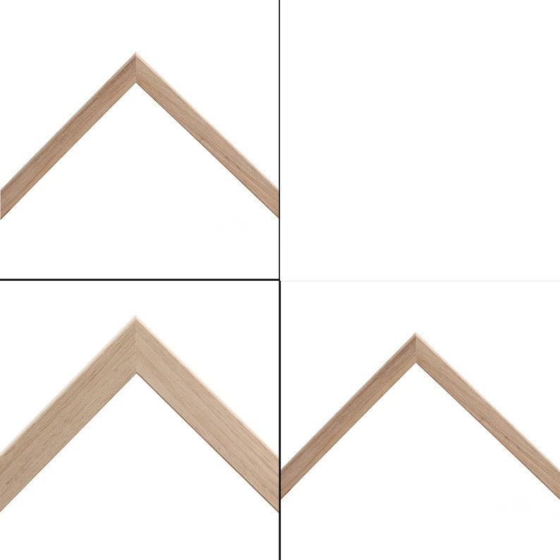 May include: Four sections of a light brown wooden picture frame corner, arranged in a square against a white background. The corners are joined at a 90-degree angle, showcasing the frame's construction and design. The wood grain is visible.