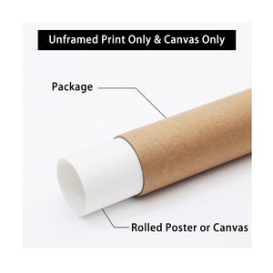 May include: A brown cardboard tube with a white canvas print rolled inside. The text "Unframed Print Only & Canvas Only" is at the top of the image. The text "Package" is on the left side of the image. The text "Rolled Poster or Canvas" is on the right side of the image.