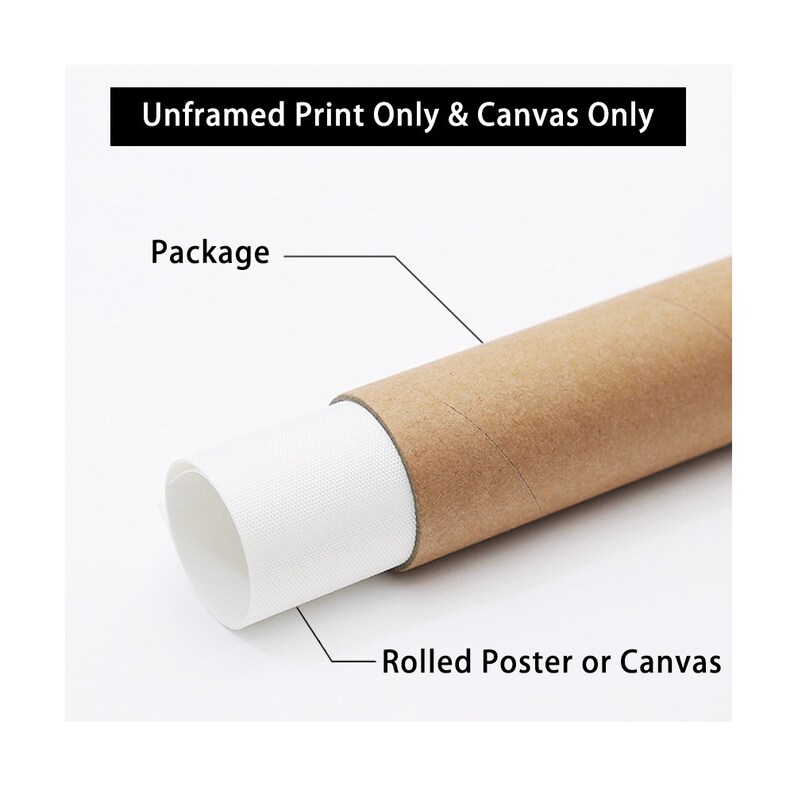 May include: A brown cardboard tube with a white canvas print rolled inside. The text "Unframed Print Only & Canvas Only" is at the top of the image. The text "Package" is on the left side of the image. The text "Rolled Poster or Canvas" is on the right side of the image.