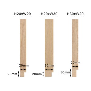 May include: Three wooden frame samples with varying dimensions. The first is labelled H20xW20, the second H20xW30, and the third H30xW20. Each sample has a 20mm base. The samples are made of light-coloured wood.