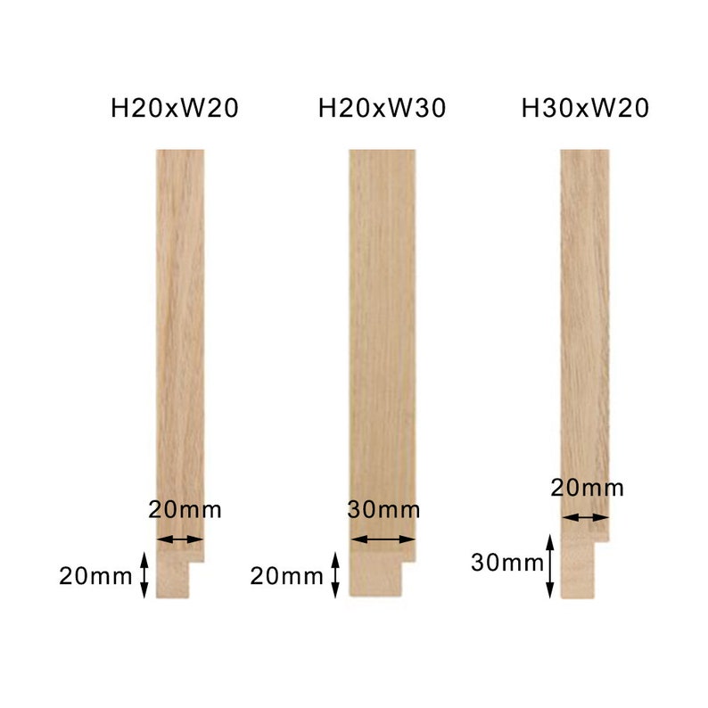 May include: Three wooden frame samples with varying dimensions. The first is labelled H20xW20, the second H20xW30, and the third H30xW20. Each sample has a 20mm base. The samples are made of light-coloured wood.