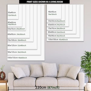 May include: A diagram showing different print sizes in a living room setting. The sizes are shown in both centimeters and inches. The largest size is 100x150cm (40x60 inches) and the smallest size is 30x40cm (12x16 inches). The sofa is 220cm (87 inches) long.
