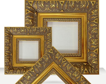 May include: Three ornate gold picture frames with intricate carvings and a dark brown finish. The frames are nested inside each other, with the largest frame in the back and the smallest frame in the front.