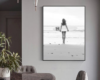 Framed Wall Art Decor, Surf Girl Black White, Black and White Wall Art,Modern fashion wall art, customer sized prints,gifts for her,
