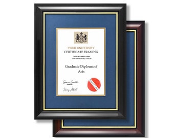 May include: A black and gold frame with a navy blue mat and a sample diploma inside. The diploma is for a Graduate Diploma of Arts. The text on the diploma reads "YOUR UNIVERSITY CERTIFICATE FRAMING".