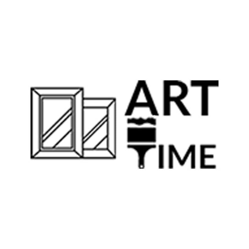 May include: Black and white illustration of two picture frames with a paintbrush and the text "ART TIME".