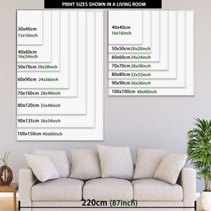 May include: A diagram showing different print sizes in a living room setting. The sizes are shown in both centimeters and inches. The largest size is 100x150cm (40x60 inches) and the smallest size is 30x40cm (12x16 inches). The sofa is 220cm (87 inches) long.