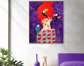 May include: A painting of a woman with red hair and a patterned dress. She is surrounded by three colorful birds, two toucans and a parrot. The background is a purple color with white dots.