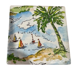 ceramic coasters with cork backing, coastal design decoupaged 4x4 inches. Set of 4