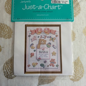 May include: A counted cross stitch kit by Janlynn's, featuring a baby-themed design. The design includes teddy bears, stars, and the text "Welcome Baby." The kit includes the baby's name, birth date, weight, and length in inches.