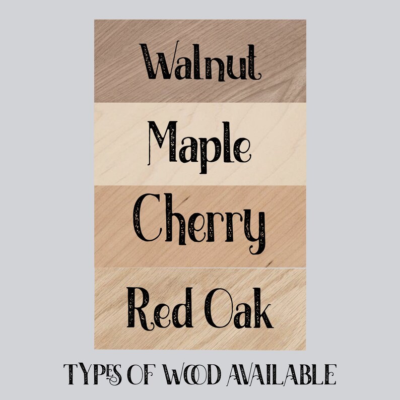 Puede incluir: Cuatro muestras de madera etiquetadas como "Walnut", "Maple", "Cherry" y "Red Oak". El texto "TYPES OF WOOD AVAILABLE" est&aacute; debajo de las muestras.