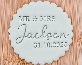 Apellido de la pareja de bodas / Fecha personalizada / Grabador de fondant / Sello / Cupcakes / Galletas / Decoración / Galleta / Favores / Sr. y Sra.