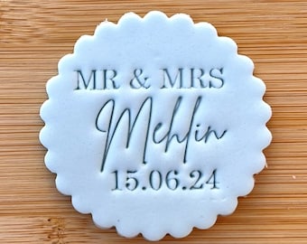 Apellido de la pareja de bodas / Fecha personalizada / Grabador de fondant / Sello / Cupcakes / Galletas / Decoración / Galleta / Favores / Sr. y Sra.